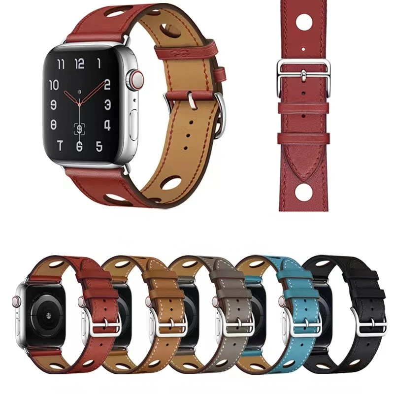 Premium Leather Strap For Apple Watch Band 49mm 45mm 41mm 44mm 42mm 40mm 38mm Breathable Bracelet iWatch Ultra 8 7 6 5 4 3 SE