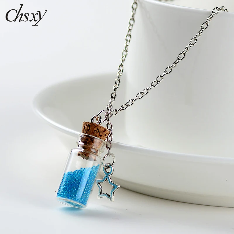 Star Falling Drift Bottle Pendant Necklace Silver Color Candy Color Glass Cute Chains Necklaces Collar Party Jewelry Accessories