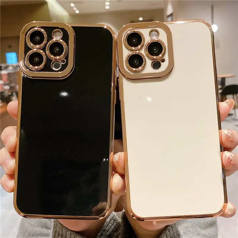 

Luxury Square Gold Plating Phone Case For iPhone 13 12 11 Pro Max XS Max XR X 8 7 Plus SE2020 11 Solid Color Soft Silicone Cover