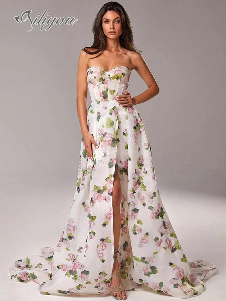 

Ailigou 2023 Новинка женское длинное платье с цветочным принтом на шнуровке с открытой спиной с высоким разрезом без бретелек элегантное женское вечернее платье знаменитости