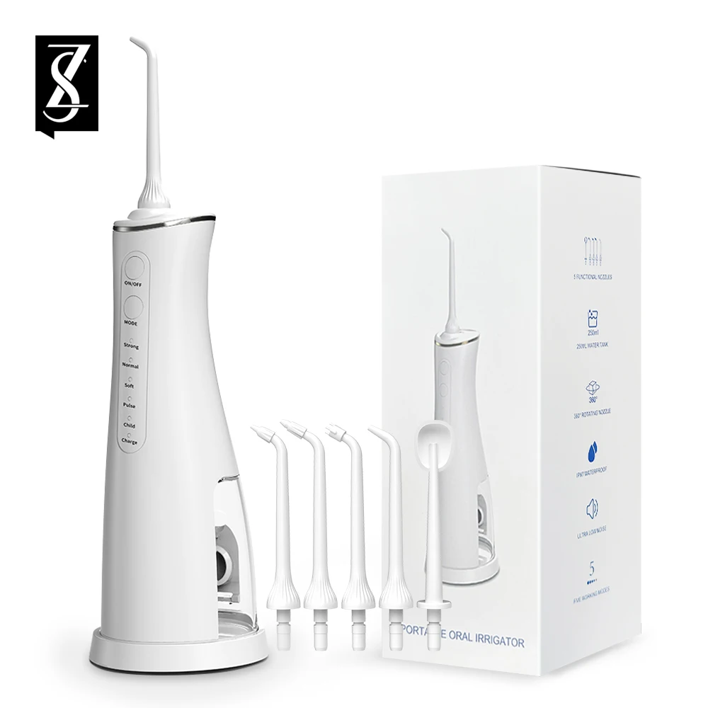 

[ZS] 250ML Potent Dental Water Flosser USB Base Rechargeable Irrigador Teeth Whitening Dentistry Oral Irrigator 5 Jet Cleaning