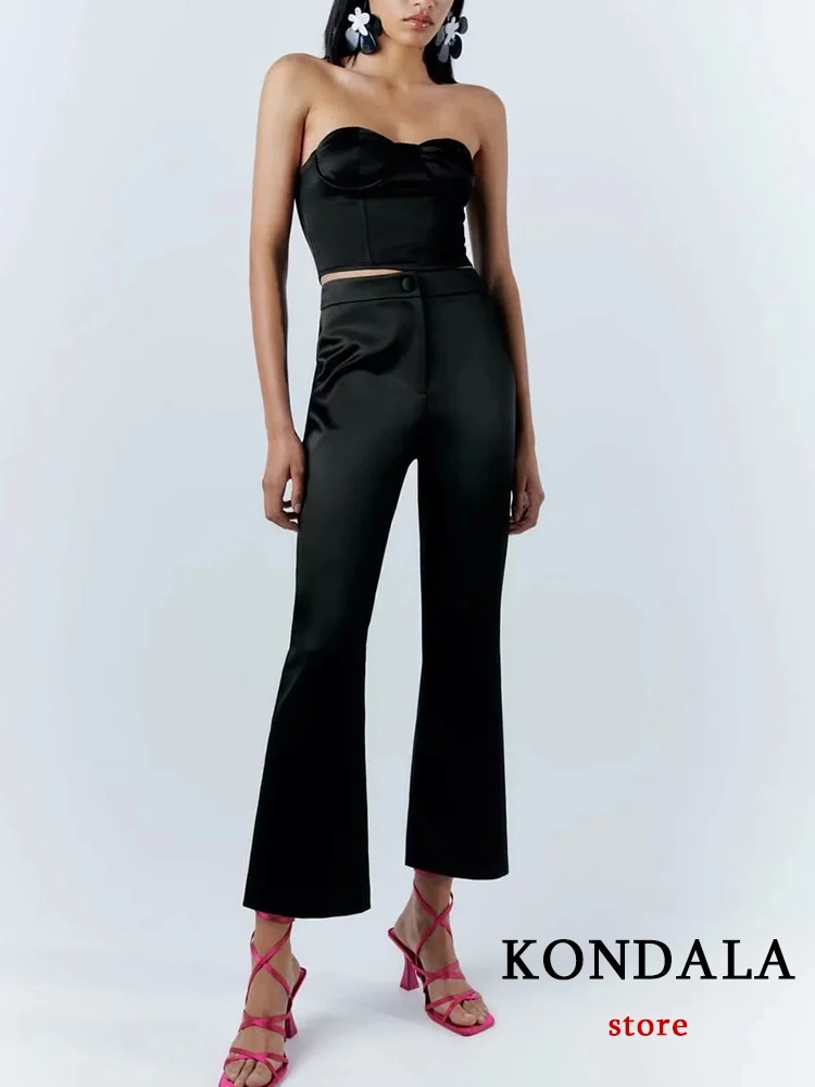 

Сексуальные однотонные черные атласные женские костюмы KONDALA, корсет с V-образным вырезом, топы на бретельках и узкие расклешенные брюки с вы...