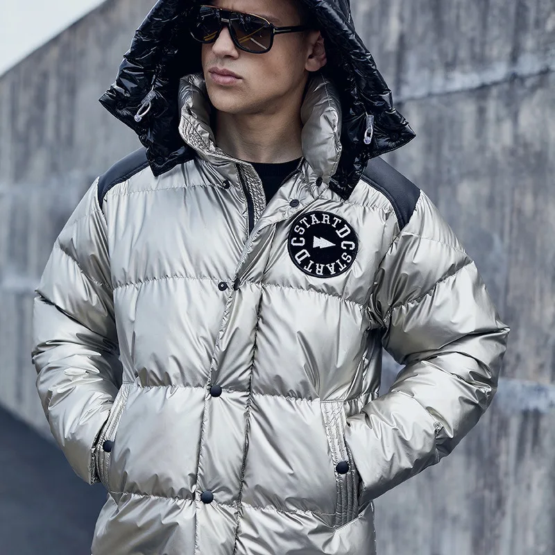 Mens Fashion Shiny Letter Embroidered Winter Warm Jacket 2022 Colorblock Removable Hooded Parkas Outdoor Sports Jackets