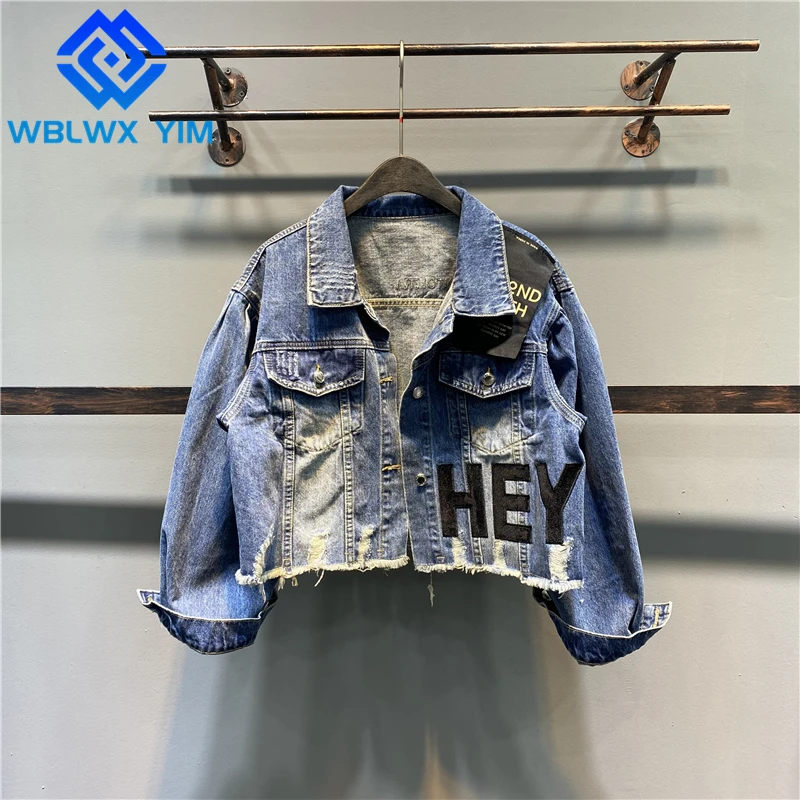 

Jeans Jacket Women Fashion Letter Embroidery Hole Short Denim Jacket Female Spring Autumn Lapel Long Sleeve Loose Jeans Coat