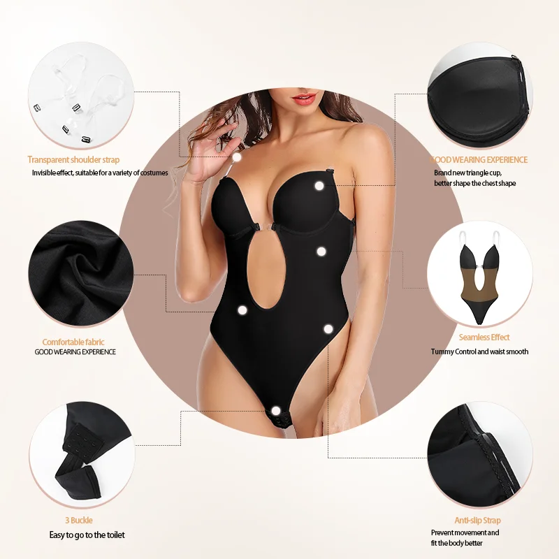Women Sexy Deep V Neck Bodysuits Fajas MISS MOLY Backless U Plunge Thong Shapers Shapewear Clear Strap Padded Push Up Corsets