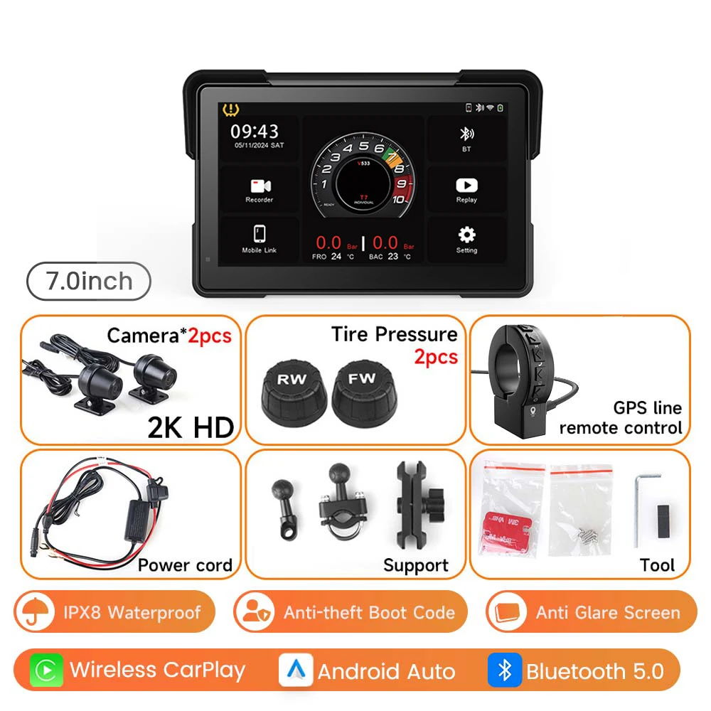

7 ''5" мотоциклетный мультимедийный плеер 2K HD рекордер GPS-навигация Беспроводной CarPlay Android Auto IPX8 Водонепроницаемый экран Bluetooth