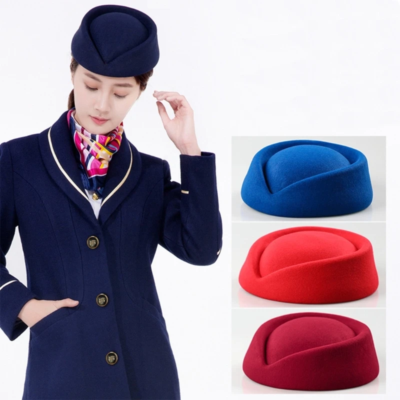 

Solid Color Female Flight Attendant Hat Sweet Business Uniform Live Show Women Beret Caps Hats Air Hostess Cosplay