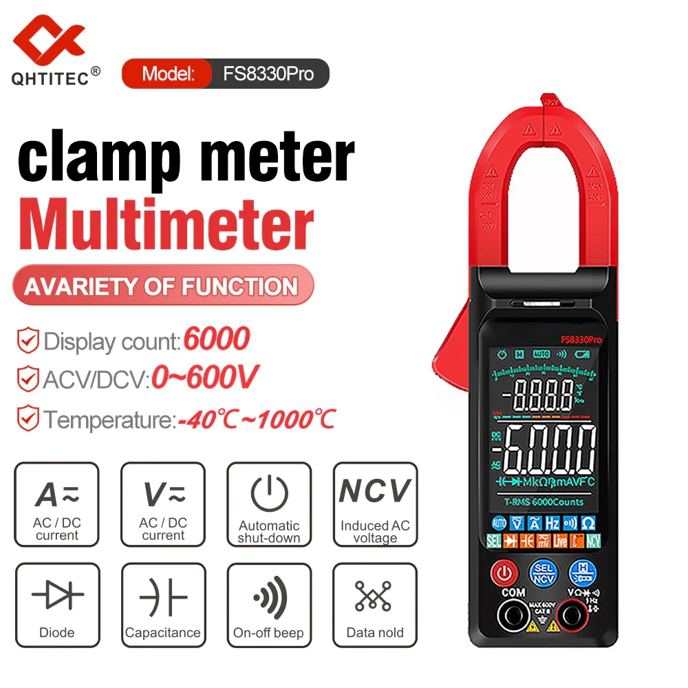 

QHTITEC Digital Clamp Meter Multimeter Current 400A Amp Multimeter Large Color Screen6000 Counts DC/AC Voltage Tester Hz NCV