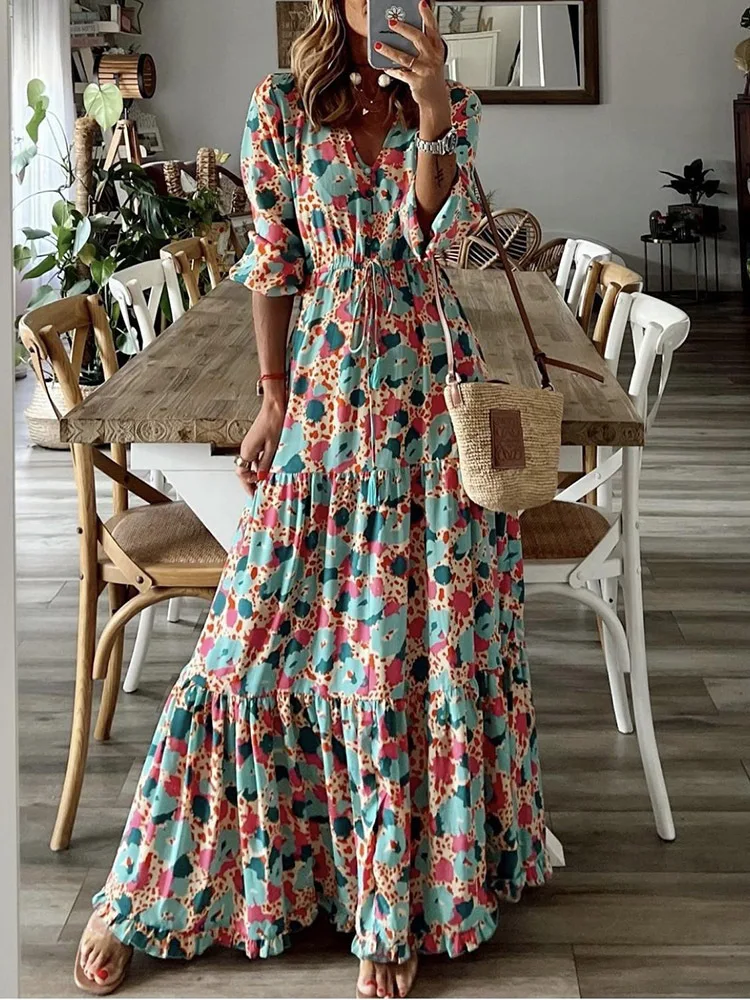 

Retro Print Dress Women Boho Long Dresses Female Fashion V Neck Slim Dress Ladies Vintage Short Sleeve A Line Dress Summer