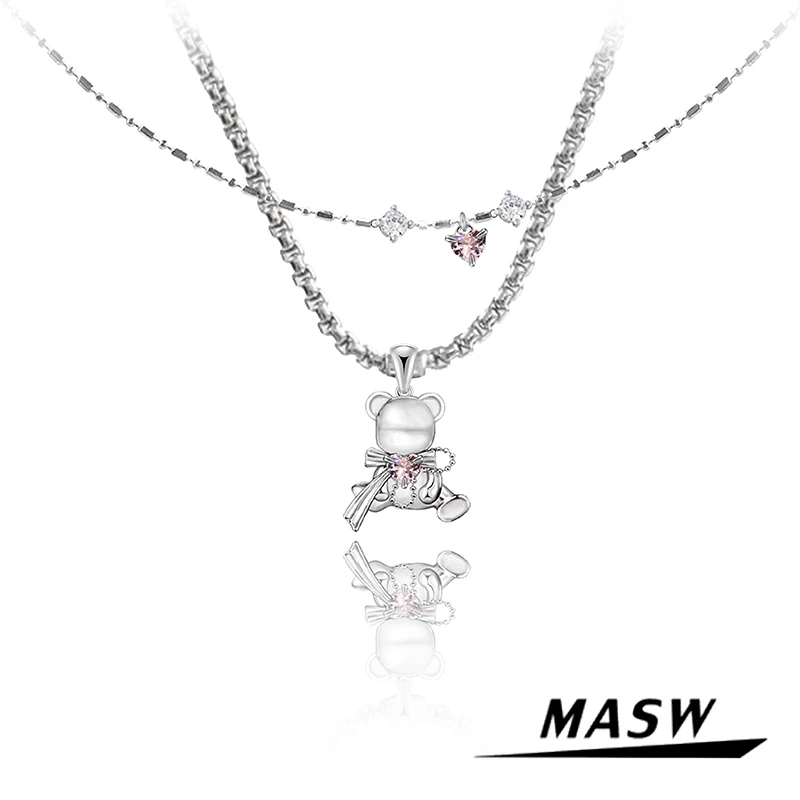 

MASW Original Design Little Bear Neckalce For Women Spring Summer Jewelry Two Layer High Quality Brass ChainNecklace For Women