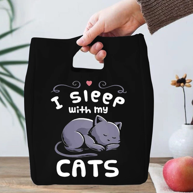 

I Sleep with My Cats Cartoon Thermal Food Picnic Lunch Bags Women Lying Unicorn Sprite Print Portable School Food Storage Bags