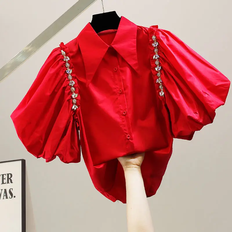 

VANOVICH 2022 Summer New Beaded Diamond Sweet Big Puff Sleeve Short-sleeved Shirt Fashion Temperament Thin Oversized Top