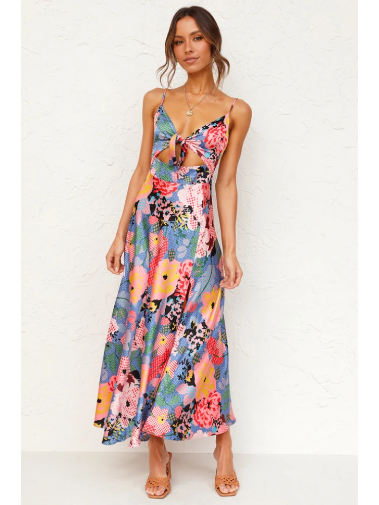 

2022 Spring and Summer New Small Floral Fashion Temperament Printing Sexy Suspenders Mid-length Loose Version Ladies Dress