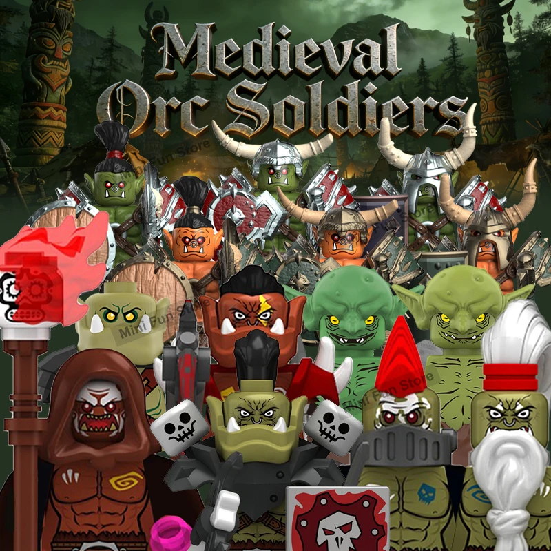 Фото Конструктор MOC: Средневековые военные фигурки орков, солдат, воинов, пехотинцев, магов. Броня, щиты, топоры. Строительные блоки для самостоятельной сборки. Игрушки-подарки. №1