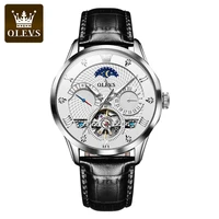 olevs new top brand mens automatic mechanical watches waterproof leather strap luxury men wristwatch luminous watch