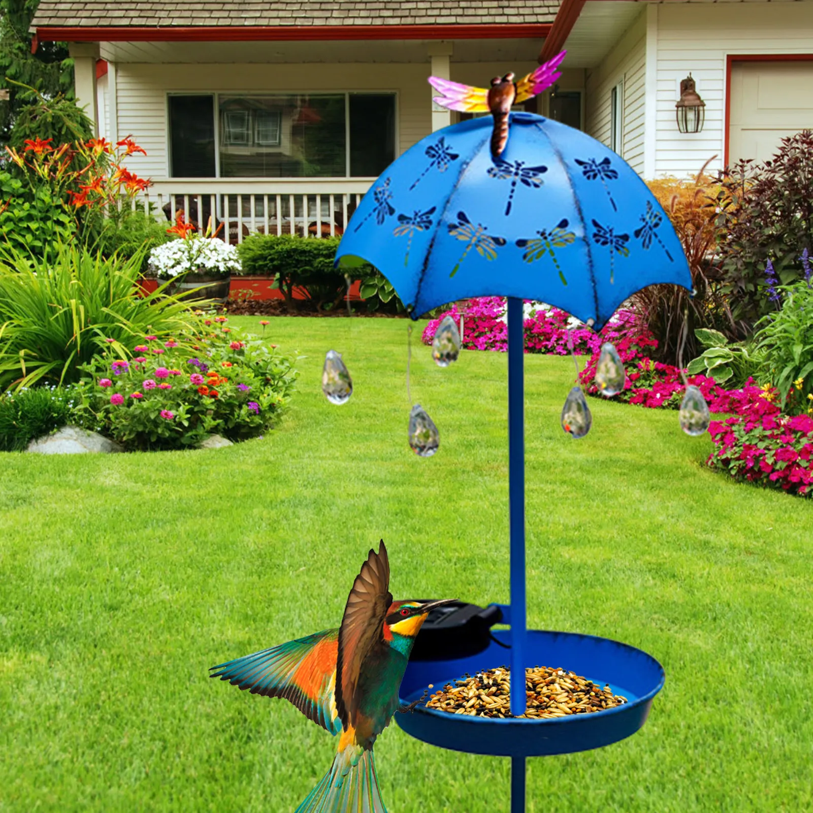 Solar Umbrella Water Drop Simulation Dynamic Light Wild Bird Feeder Metal Umbrella-Shaped Bird Bath Feeder For Outdoor Garden