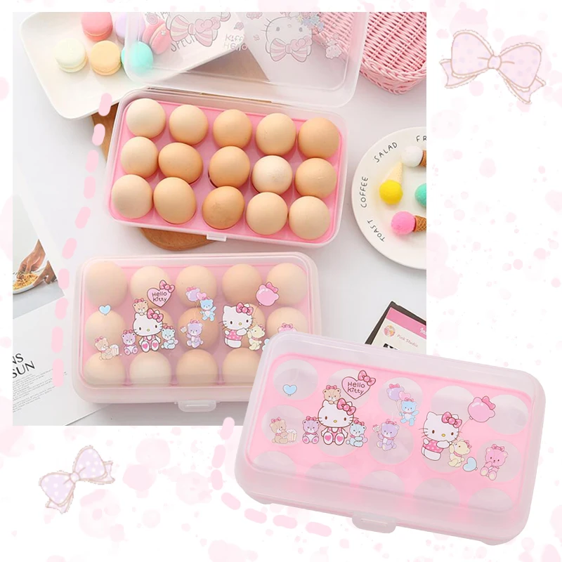 

PINK Kawaii Cartoon Printed Egg Storage Box My Melody Anime 15 Compartment Refrigerator Crisper Portable Egg Carton Cute Gift