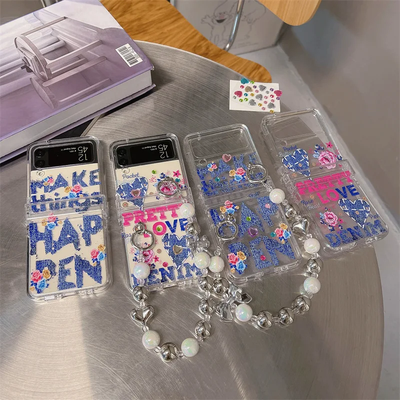 

Ins Style Denim Textured English Phone Case for Samsung Galaxy Z Flip 4 3 Hard Cover for ZFlip5 Zflip4 Solid Shell Bracket