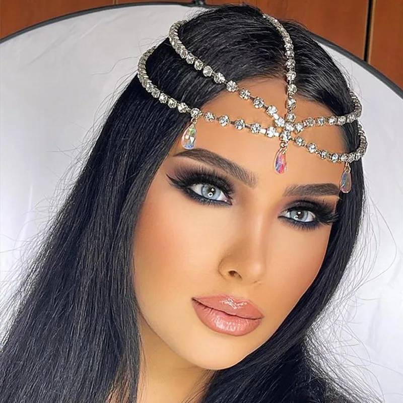 

Boho Crystal Water Drop Pendant Wedding Head Chain HeadPiece for Women Gift Shiny Crystal Bridal Headband Headwear Hair Jewelry