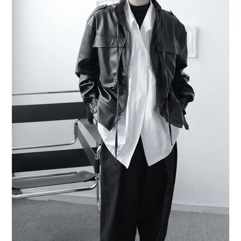 Fall Fried Street Korean Streetwear Coat Removable Hem PU Leather Jackets Niche Dark Women Zipper Motorcycle Steampunk Outwear