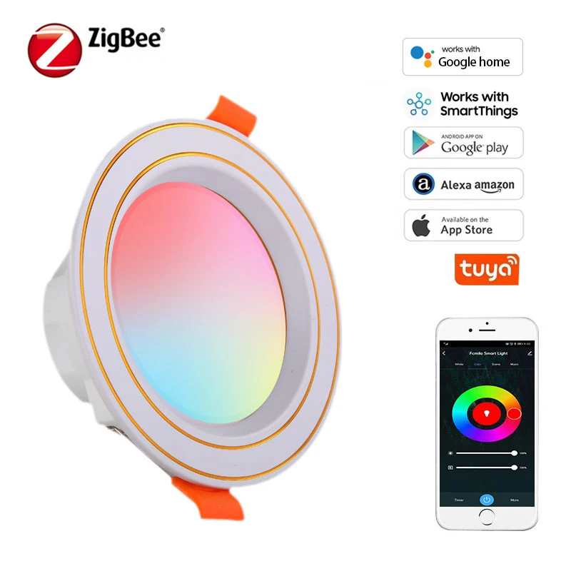 

Потолочный светильник Zigbee, Wi-Fi, встраиваемый, голосовое управление, RGB, 10 Вт, Круглый плафон, поддержка голосового помощника Alexa, Google Home