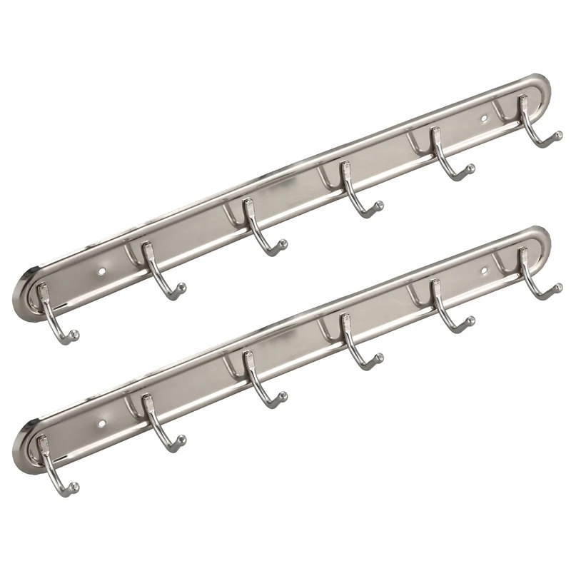 

2X Household Metal Wall Mounted 6 Hooks Towel Rack Hanger 15 Inch Long