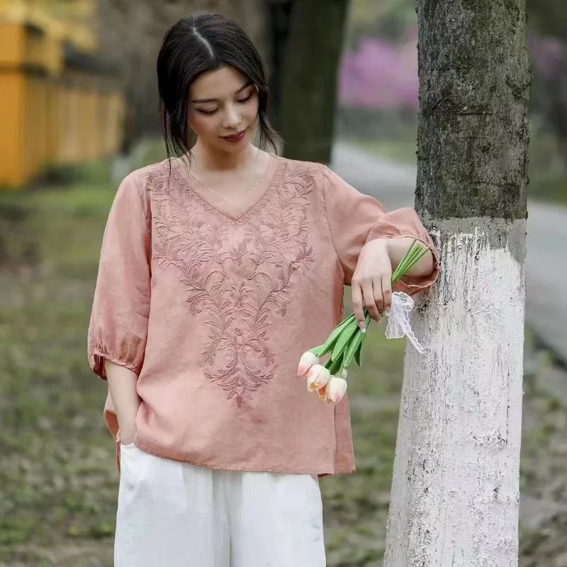 

Cotton Linen Women's Shirt Summer 2023 New Embroidery Vintage Blouses Loose Short Sleeve Top V-neck Ladies Clothing YCMYUNYAN