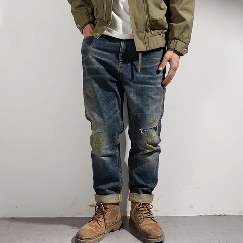 Heavy industry washing used oil stained jeans men's medium waist straight tube micro elastic patch pants