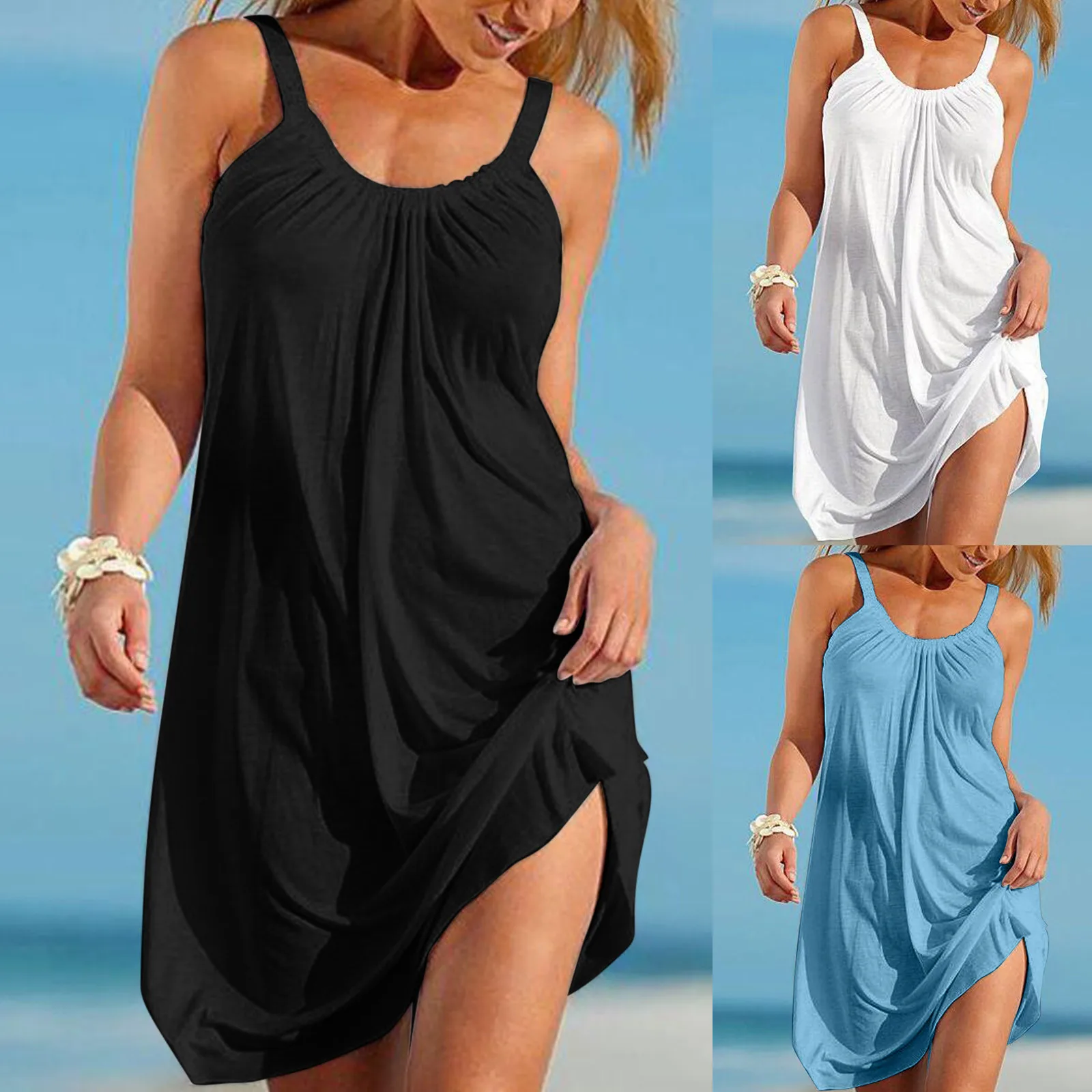 

Summer Dresses for Women 2022 Beach Style Casual Loose Plus Size Dress Ladies Solid Sundress Sexy Strap O Neck Tank Dress S37