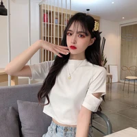 o neck knit white crop top women summer casual t shirt basic sexy hollow out black short sleeve tops gothic y2k women clothing