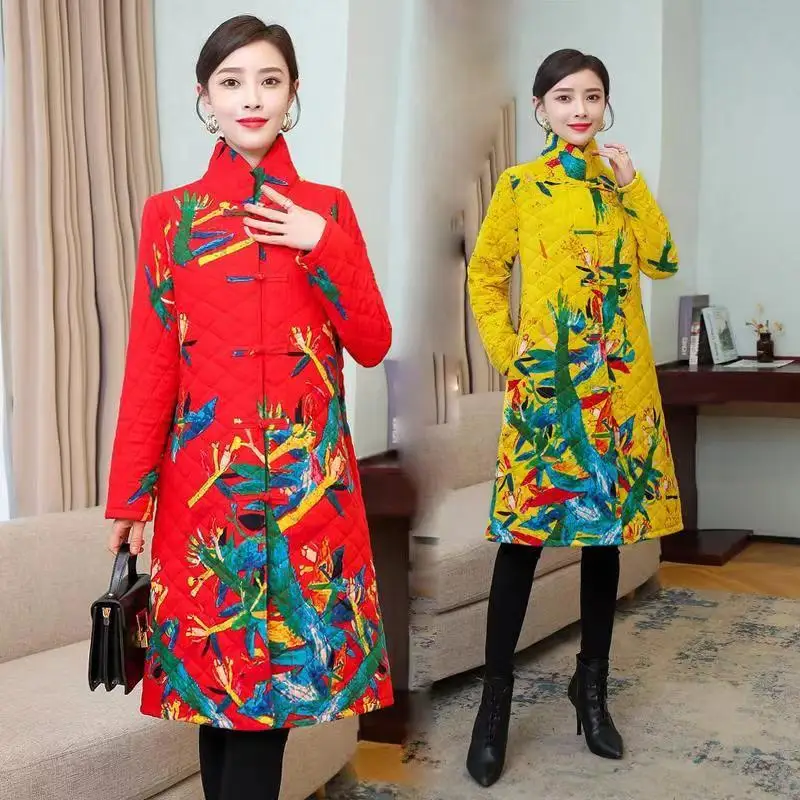 Ethnic style Women mother's winter Buckle middle-aged ladies Chinese style cotton-padded jacket embroidered Outwear Trench Coats