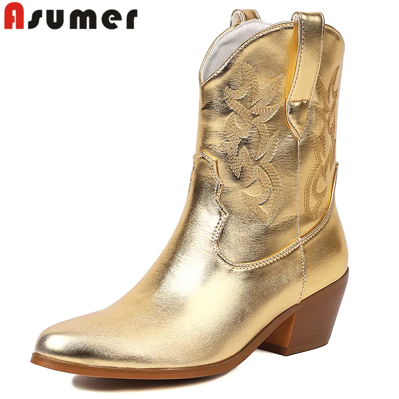 

ASUMER 2023 Size 34-50 New Slip On Microfiber Women's Mid Calf Boots Square Med Heels Shoes Embroider Fashion Autumn Boots