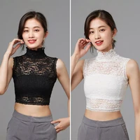 false collar mini cape womens summer spring transparent mesh basic long sleeve top mock neck solid color embroidered lace