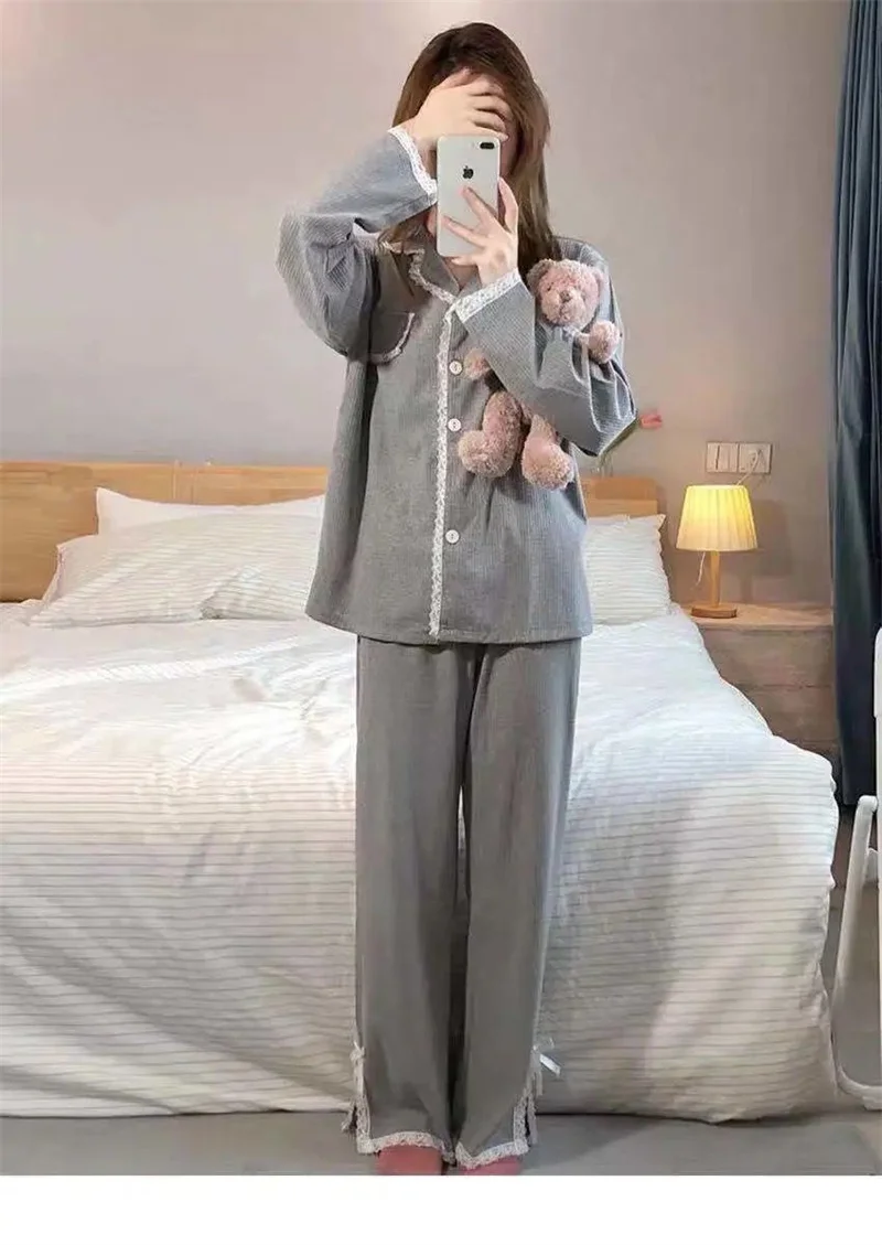 Pajamas Set Sexy Lace Sleepwear For Women Comfortable Full-Sleeve Pyjama Women's Fashion Princess Grey Homewear Big Size