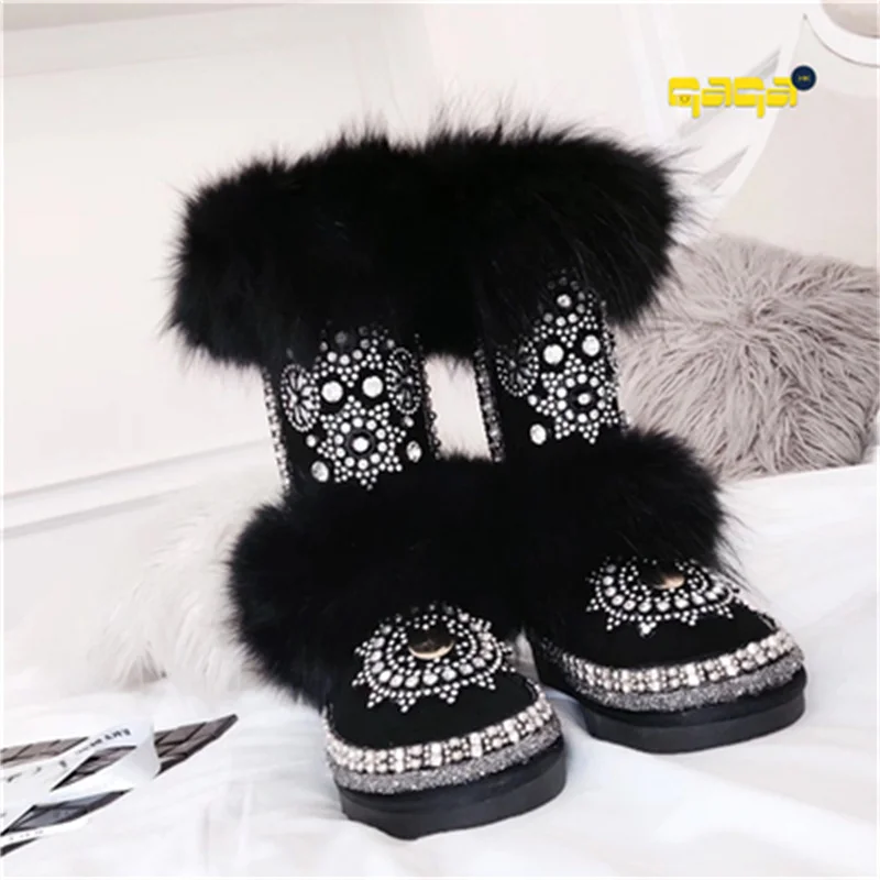 

Fur one plus velvet thickened fox fur snow boots heavy industry handmade rhinestones warm and comfortable middle boots 35-40