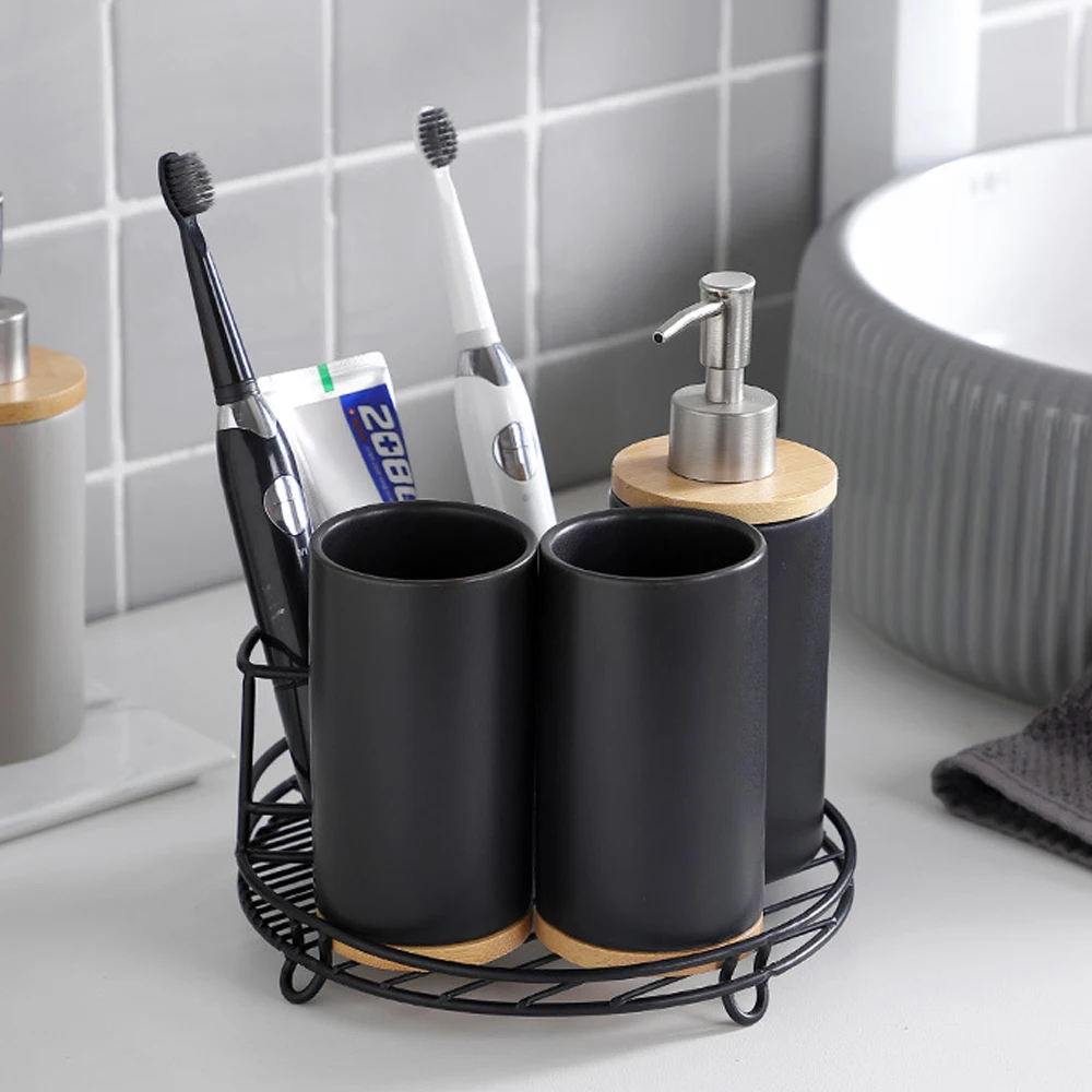 

3pcs Bathroom Set Ceramic Liquid Soap Dispenser Bamboo Lotion Bottle Toothbrush Hold Bathroom Storage Rack Shelf Accessories