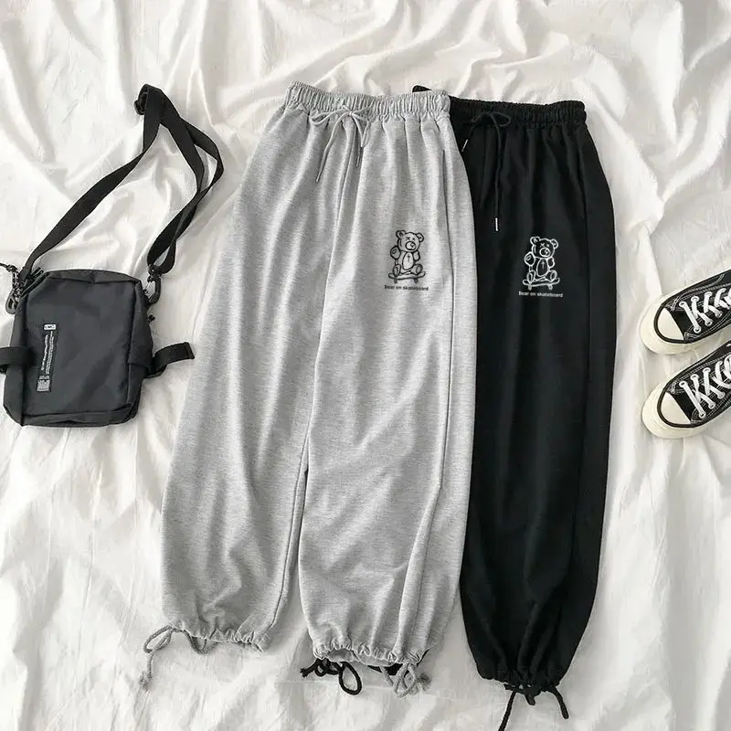 

Harajuku Bear Print Gray Joggers Sports Pants Women Oversize Black Jogging Sweatpants Korean Fashion Wide Leg Trousers