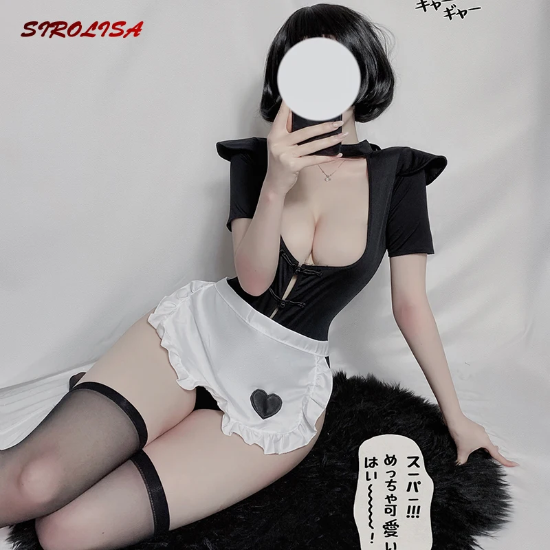 

Hollow Women Hot Sexy Maid Lingerie Bodysuit Lolita Kawaii Perspective Lovely Cosplay Costumes Reversible Backless Bandage Apron
