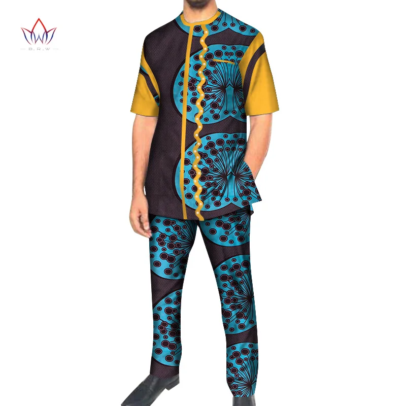 Causal 2pcs Men Top Shirt and Pant Trousers Set Bazin Riche African Clothes Cotton Print Peal Short Sleeve Dashiki WYN974 | Тематическая