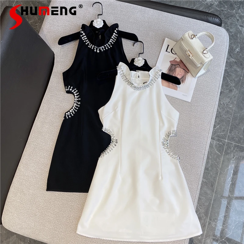 

2022 Spring and Summer New Temperament Sexy Dress Socialite Off-Shoulder Handmade Rhinestone Solid Color Business Suit Dress
