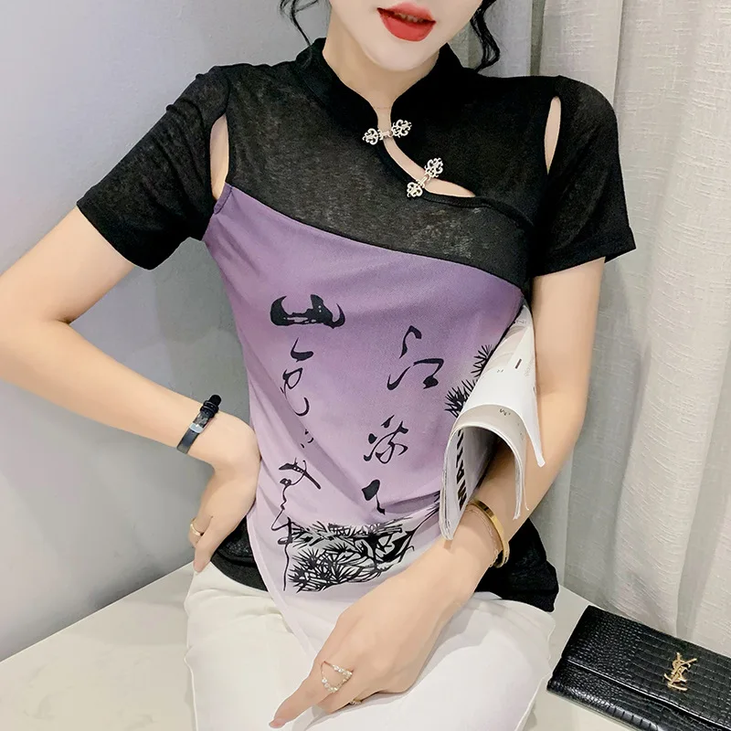 

Новинка лета 2023, нишевой дизайн в национальном стиле, ретро облегающие сетчатые топы с пряжкой и коротким рукавом, топы с китайскими иероглифами, женская футболка