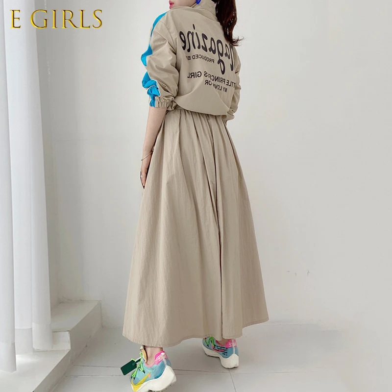 E GIRLS Women Sets 2021 Autumn Korea Simple Ladies Letter Print Hit Color Short Coat High Waist Pocket Large Swing Skirt Suit