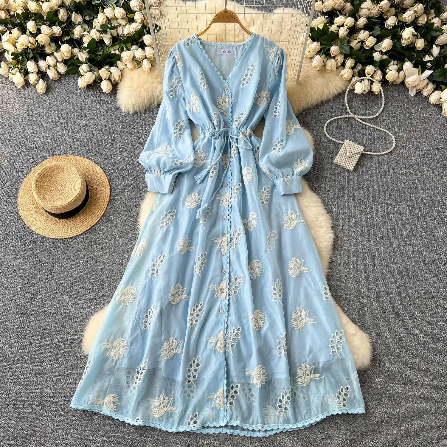 Женское Сетчатое платье с вышивкой винтажное элегантное Бандажное V-образным