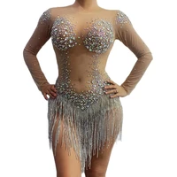 sparkling sequins rhinestones tassel bodysuits mesh gauze bodysuit perspective dance wear party evening costume stage wear lady