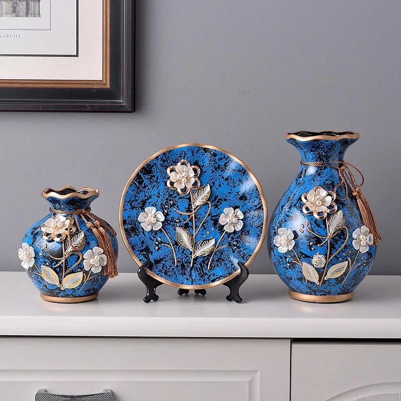 

3Pcs/Set Ceramic vase 3D Stereoscopic dried flowers arrangement wobble plate living room entrance ornaments home decorations