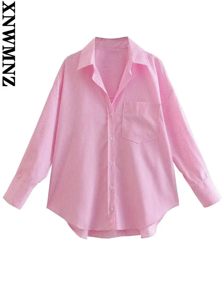 

XNWMNZ blusa elegante 2022 Women fashion stripe poplin shirts Pink vintage long sleeve button-up female blouses blusas chic tops