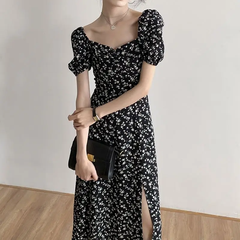 

Vintage Short Sleeve Long Bodycon Dress Women Elegant Korean Fashion Chic Black Floral Dresses Girl Casual Aesthetic