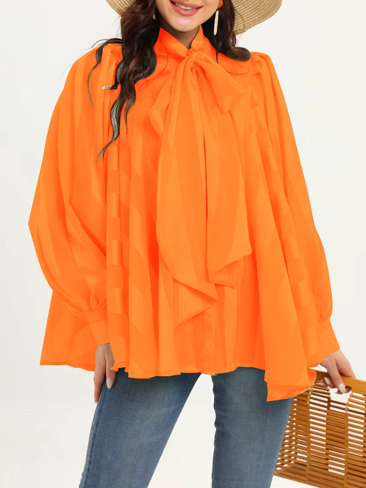 VGH Striped Casual Blouses For Women Bowknot Collar Loose Long Lantern Sleeve Colorblock Pullovers Female 2022 Spring Clothing |