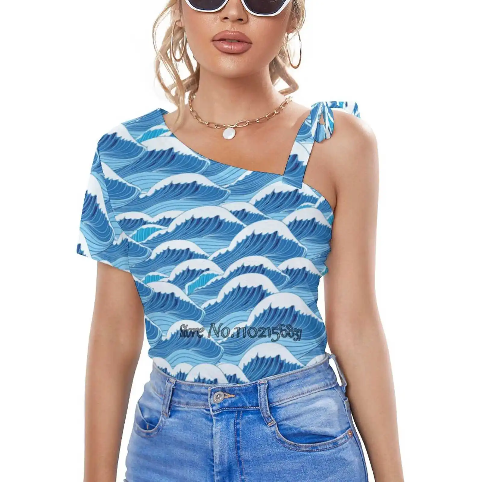 

Женская Повседневная футболка на одно плечо, с узором морской волны