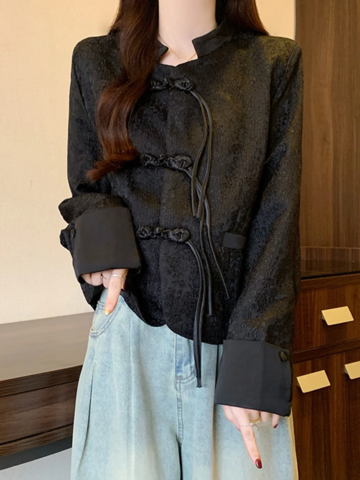 Новая китайская рубашка с длинным рукавом в стиле ретро жаккардовая лягушкой